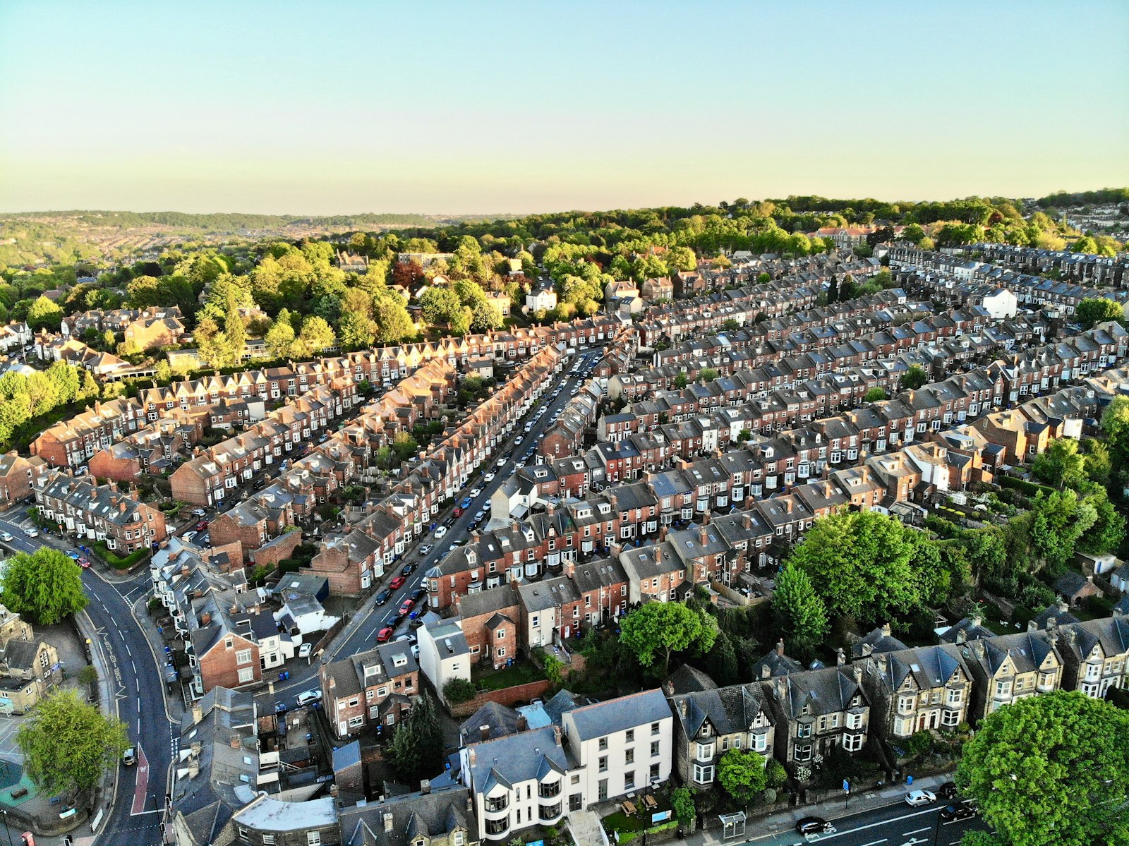 Terraced streets of an English town from the air